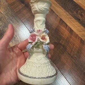 Vintage Capodimonte style Candle Holder with Pink Rose Accents